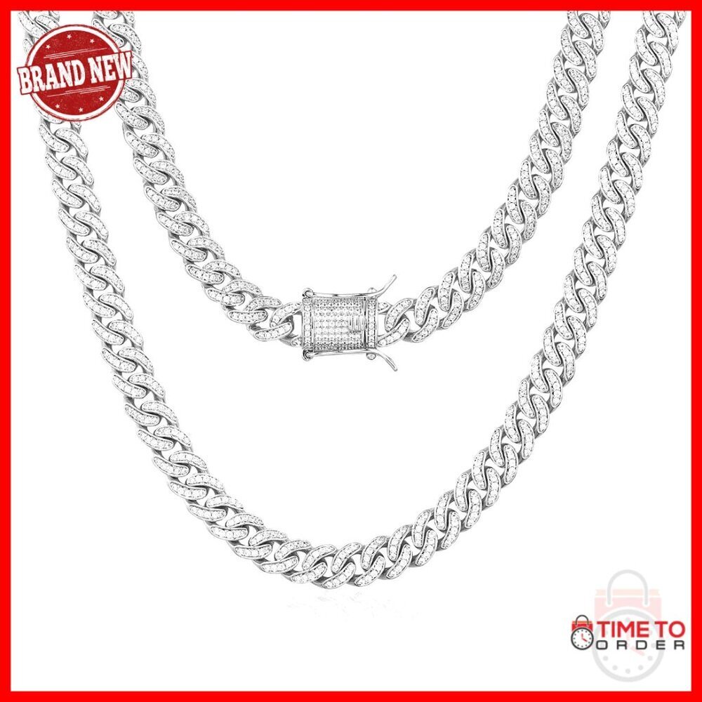 8mm 14K Gold Plated Cuban Link Chain Bracelet Prong-Setting Diamond Iced Out
